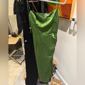 Reformation Green Satin Strapless Midi Dress